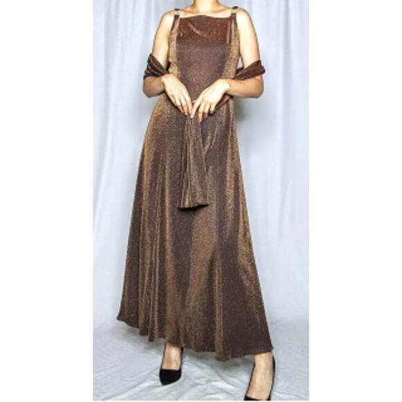Cache Vintage Bronze Sparkle Square Neckline Party Dress w Scarf 3/4 - Picture 12 of 12